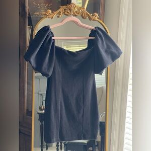 FP Beach Free People Bubbly Puff Sleeve Ribbed Off Shoulder Black Mini Dress